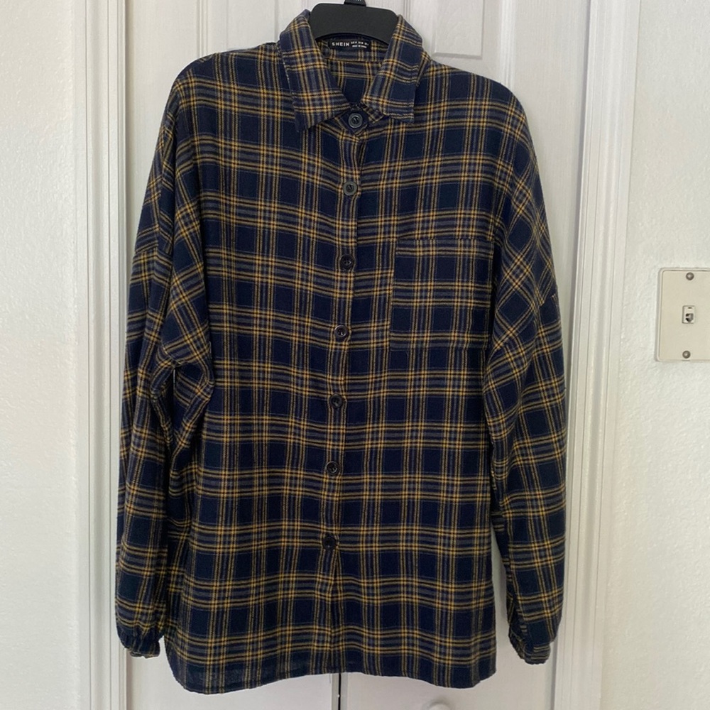 Navy and yellow plaid flannel button down top